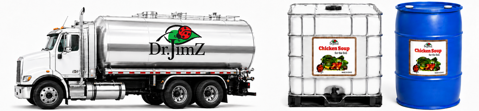 Dr. JimZ liquid pasture fertilizer available in tanker, 270-gallon tote, and 55-gallon barrel sizes.